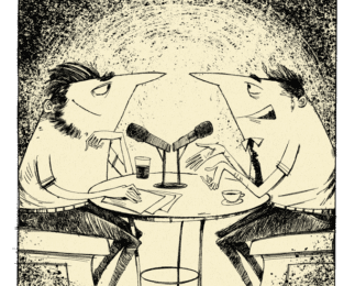 A cartoon of two men sitting at a table Description automatically generated