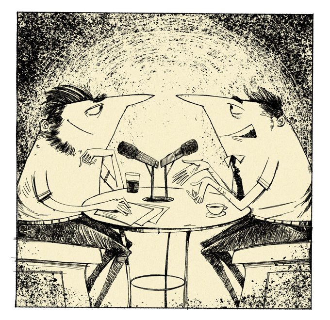A cartoon of two men sitting at a table Description automatically generated
